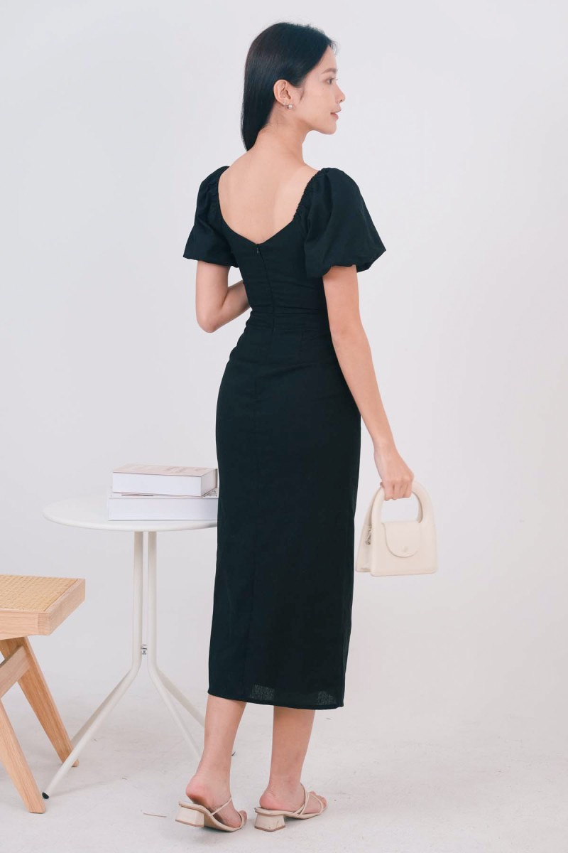 Elleria Puff Sleeve Midaxi Dress in Black