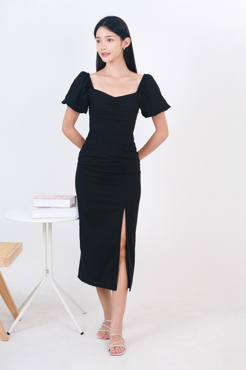 Elleria Puff Sleeve Midaxi Dress in Black