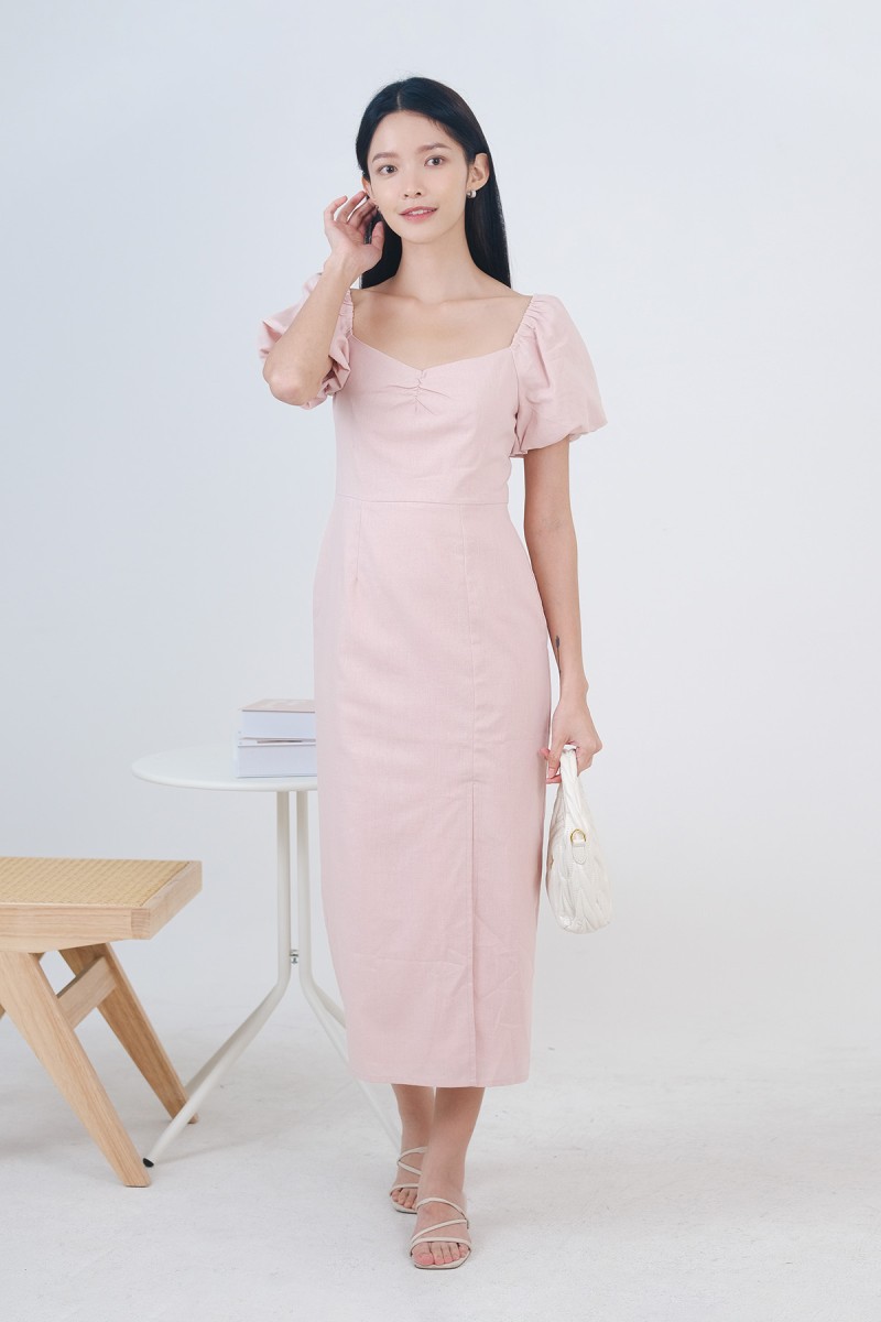 Elleria Puff Sleeve Midaxi Dress in Pink