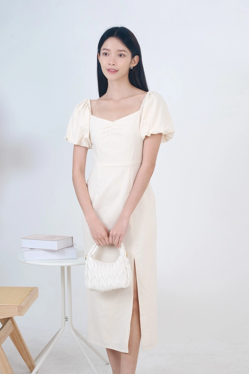 Elleria Puff Sleeve Midaxi Dress in Cream