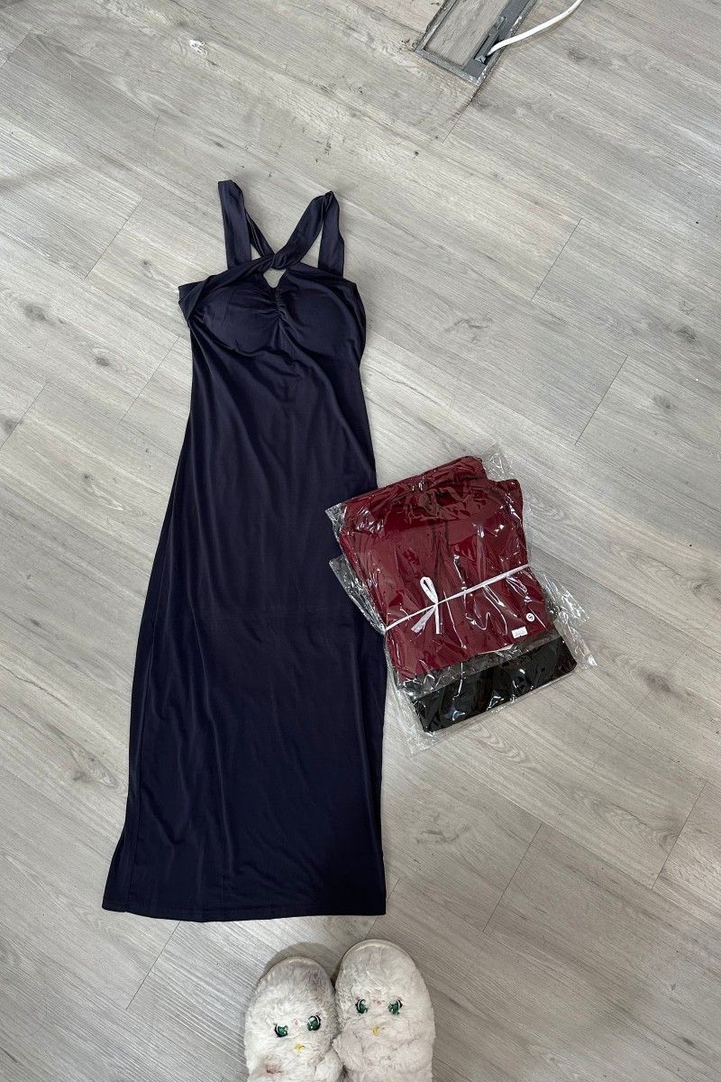 Chrysa Halter Padded Midaxi Dress in Navy