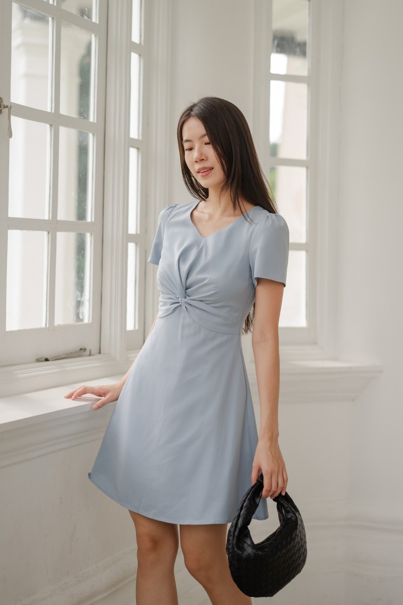 Nerida Sleeved Knot Dress in Blue