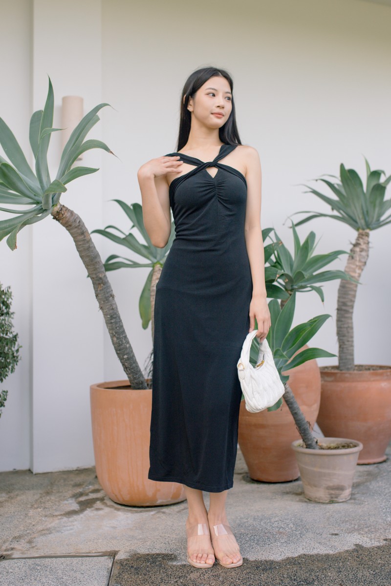 Chrysa Halter Padded Midaxi Dress in Black