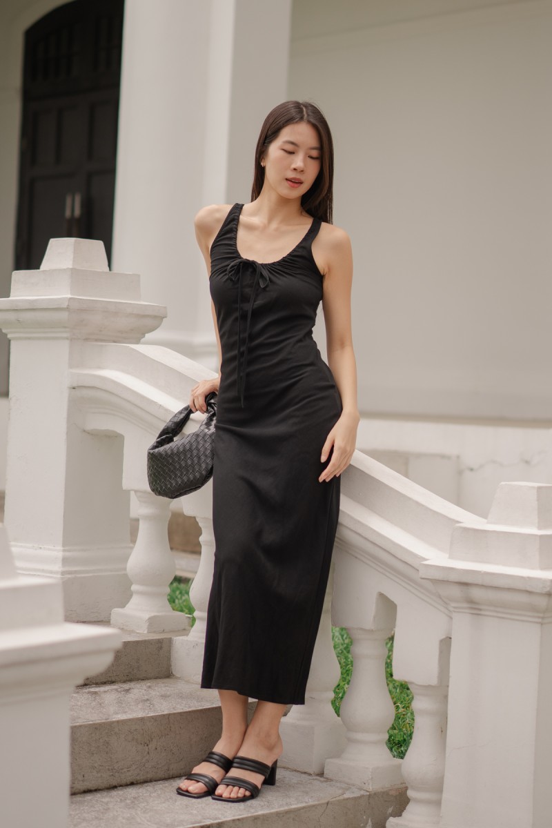 Desma Ruched Tie Ribbon Maxi Dress in Black