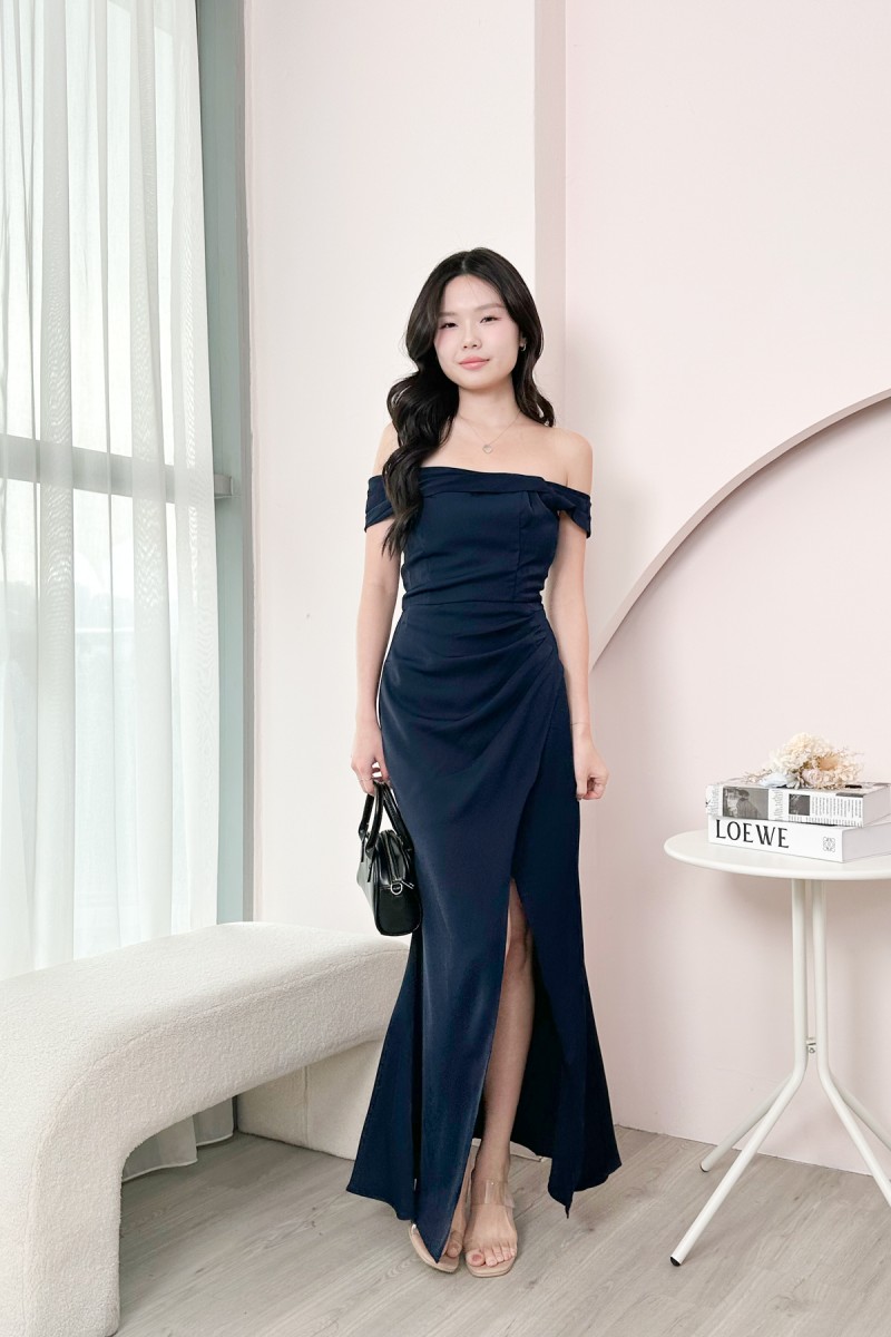 RESTOCK4: Viore Off-Shoulder Overlap Dress in Navy