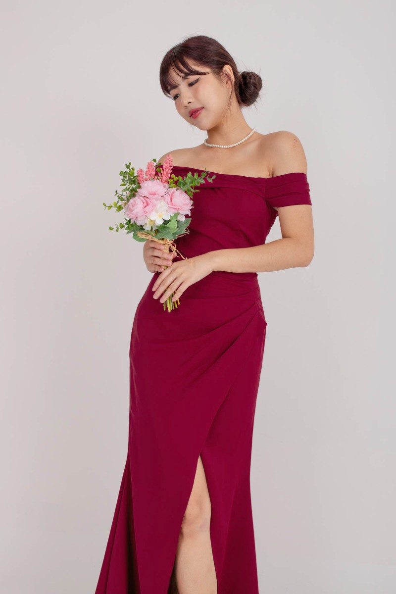 RESTOCK6: Viore Off-Shoulder Overlap Dress in Wine