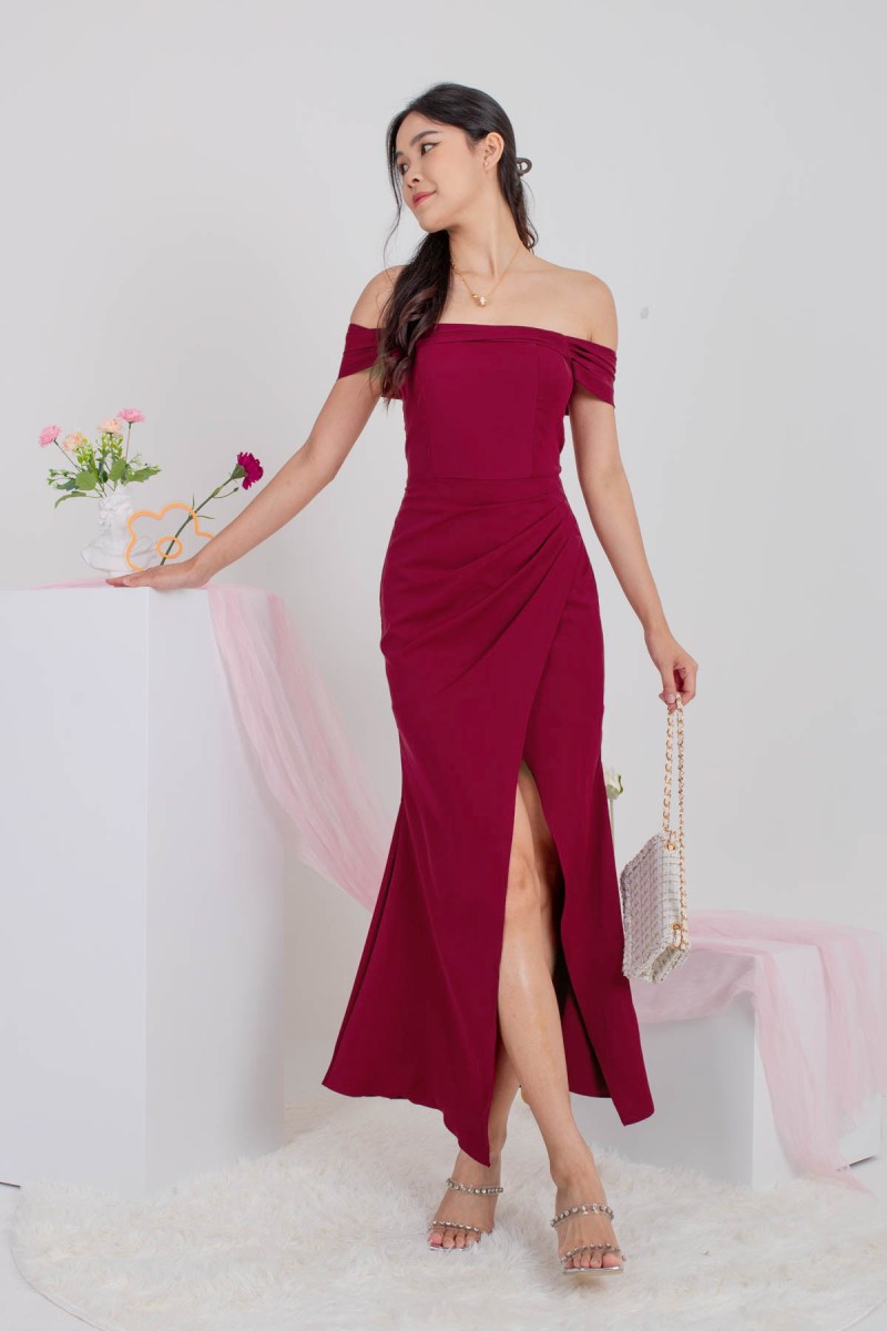 RESTOCK4: Viore Off-Shoulder Overlap Dress in Wine