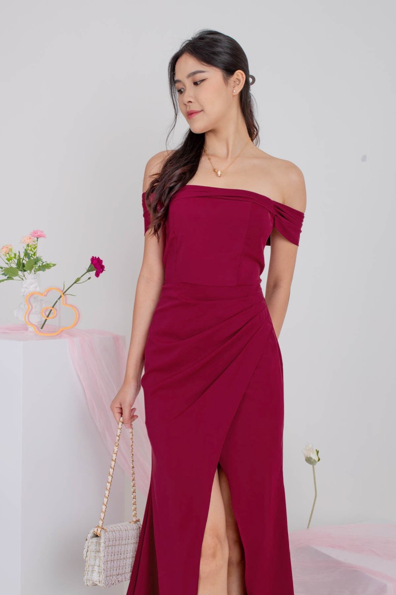 RESTOCK4: Viore Off-Shoulder Overlap Dress in Wine