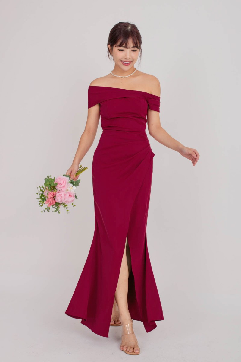 RESTOCK4: Viore Off-Shoulder Overlap Dress in Wine