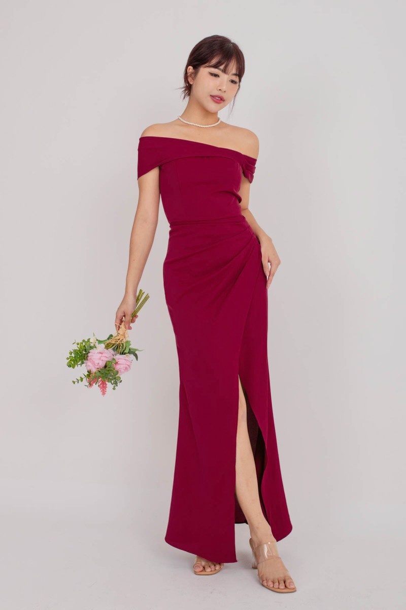 RESTOCK4: Viore Off-Shoulder Overlap Dress in Wine