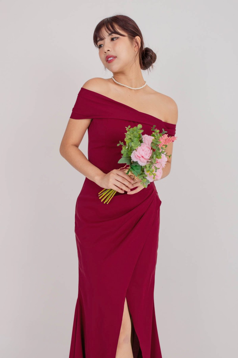 RESTOCK6: Viore Off-Shoulder Overlap Dress in Wine