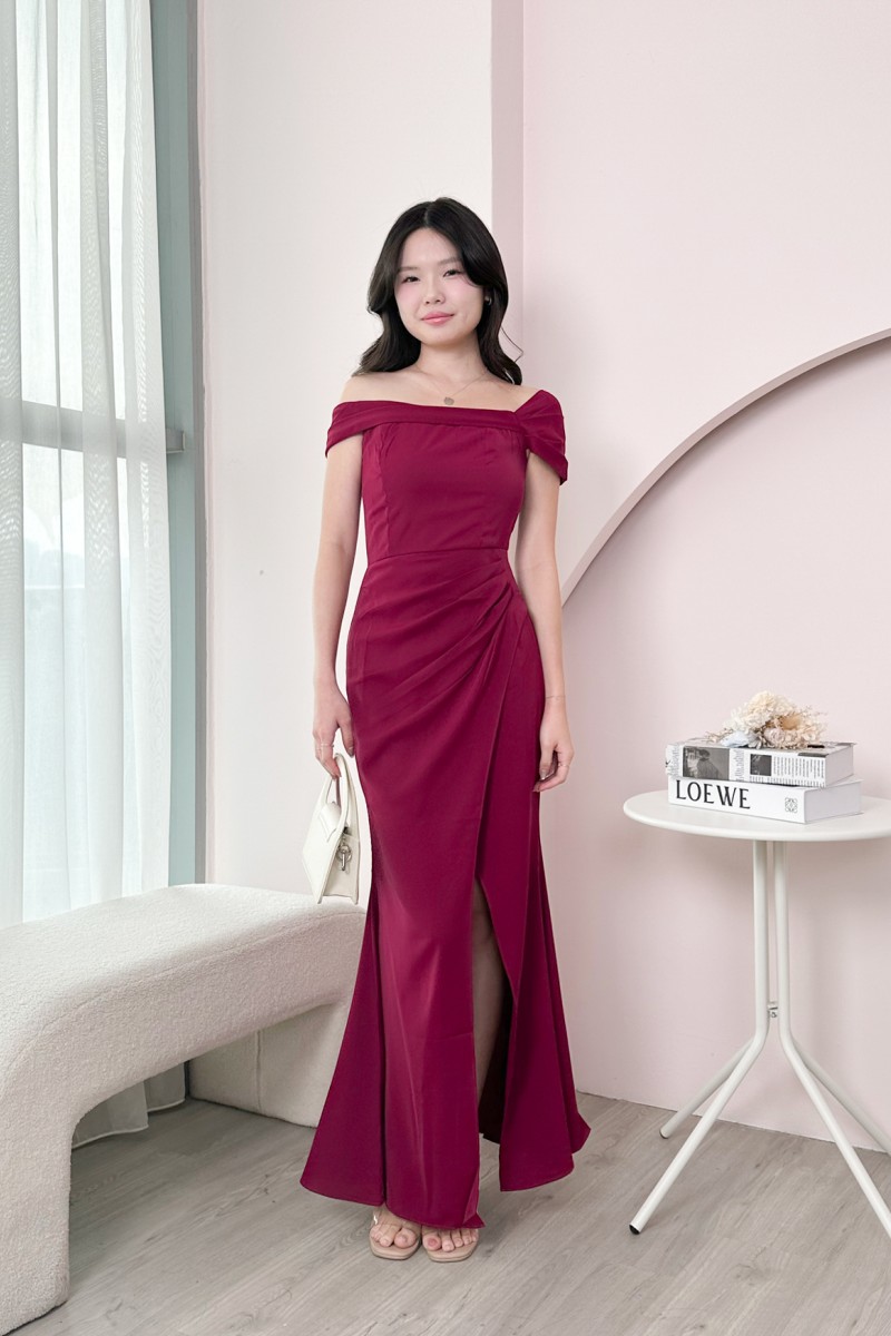 RESTOCK4: Viore Off-Shoulder Overlap Dress in Wine