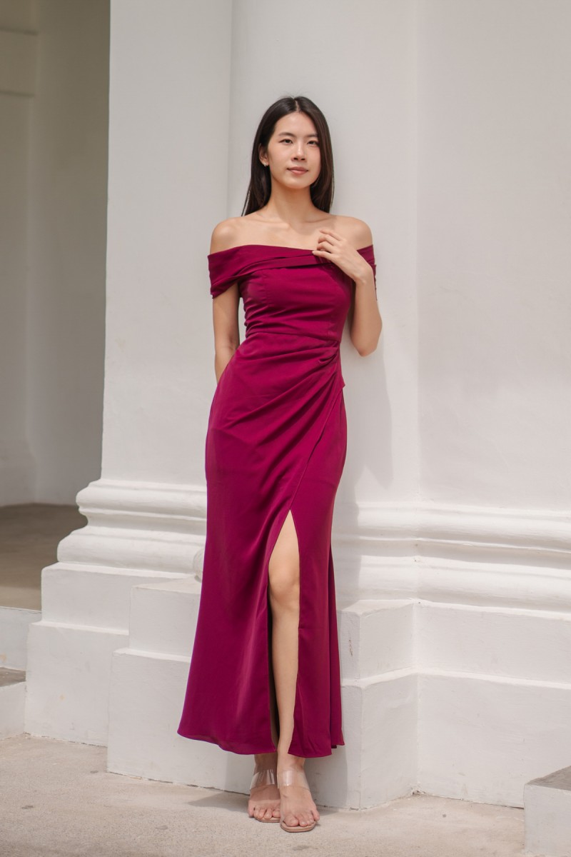 RESTOCK6: Viore Off-Shoulder Overlap Dress in Wine