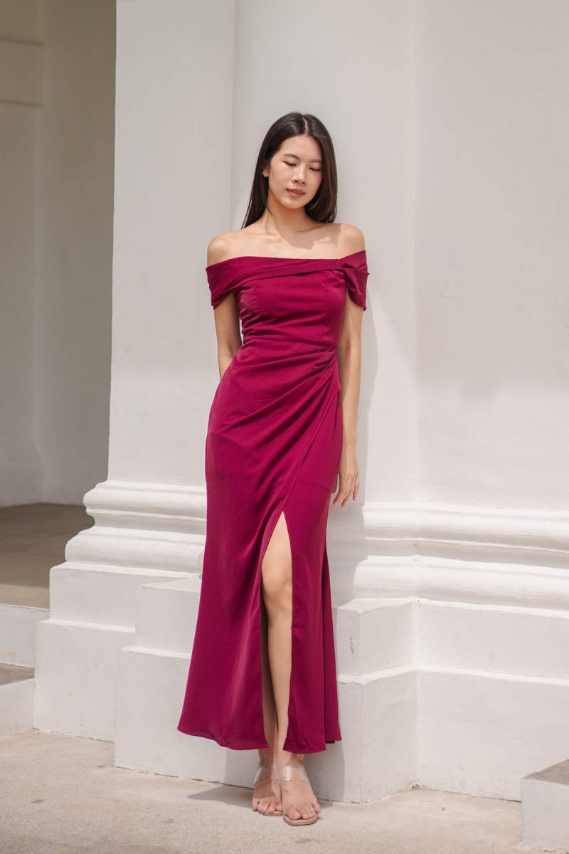 RESTOCK4: Viore Off-Shoulder Overlap Dress in Wine