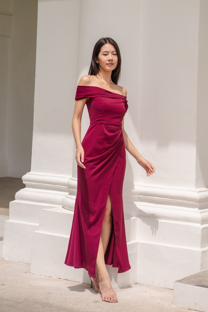 RESTOCK4: Viore Off-Shoulder Overlap Dress in Wine