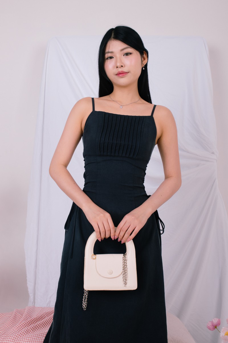 Falynn Pleated Shoelace Midaxai Dress in Navy