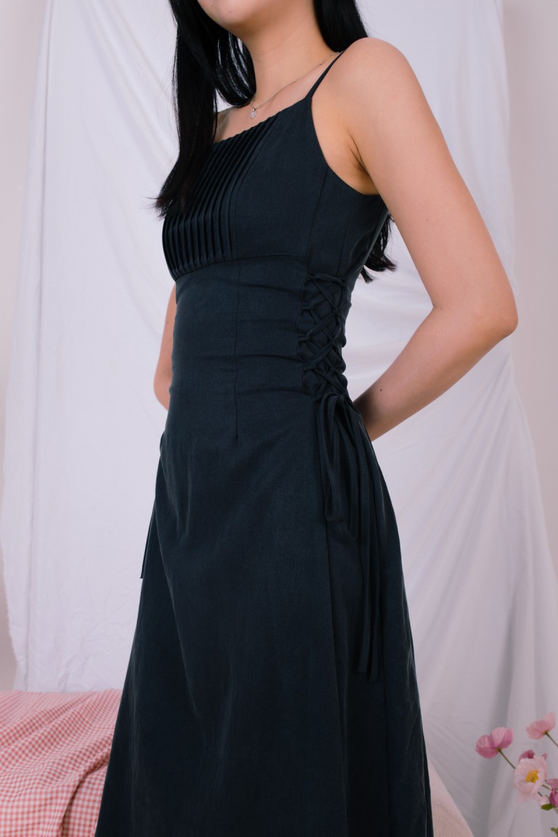 Falynn Pleated Shoelace Midaxai Dress in Navy