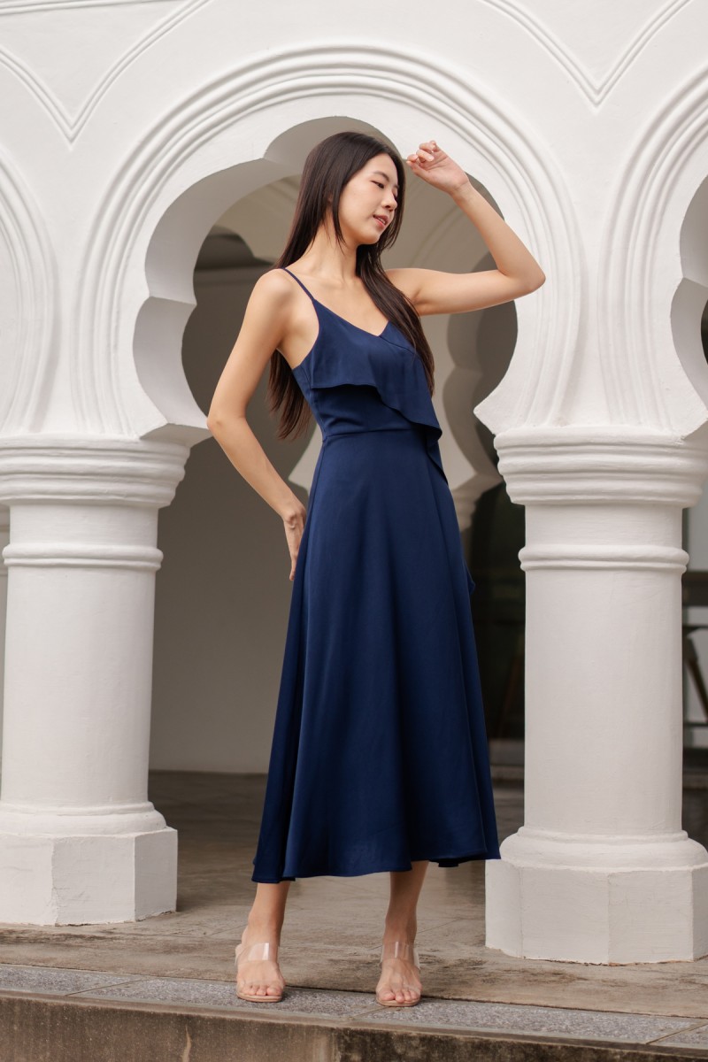 Harmoni Overlay Ruffle Dress in Navy