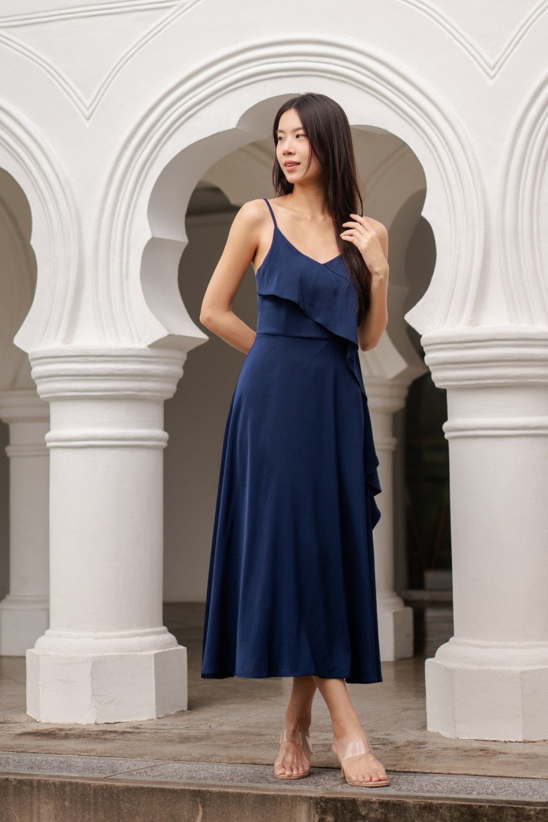 Harmoni Overlay Ruffle Dress in Navy