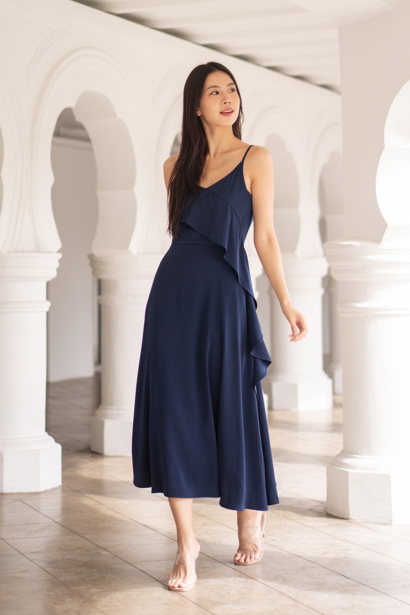 Harmoni Overlay Ruffle Dress in Navy