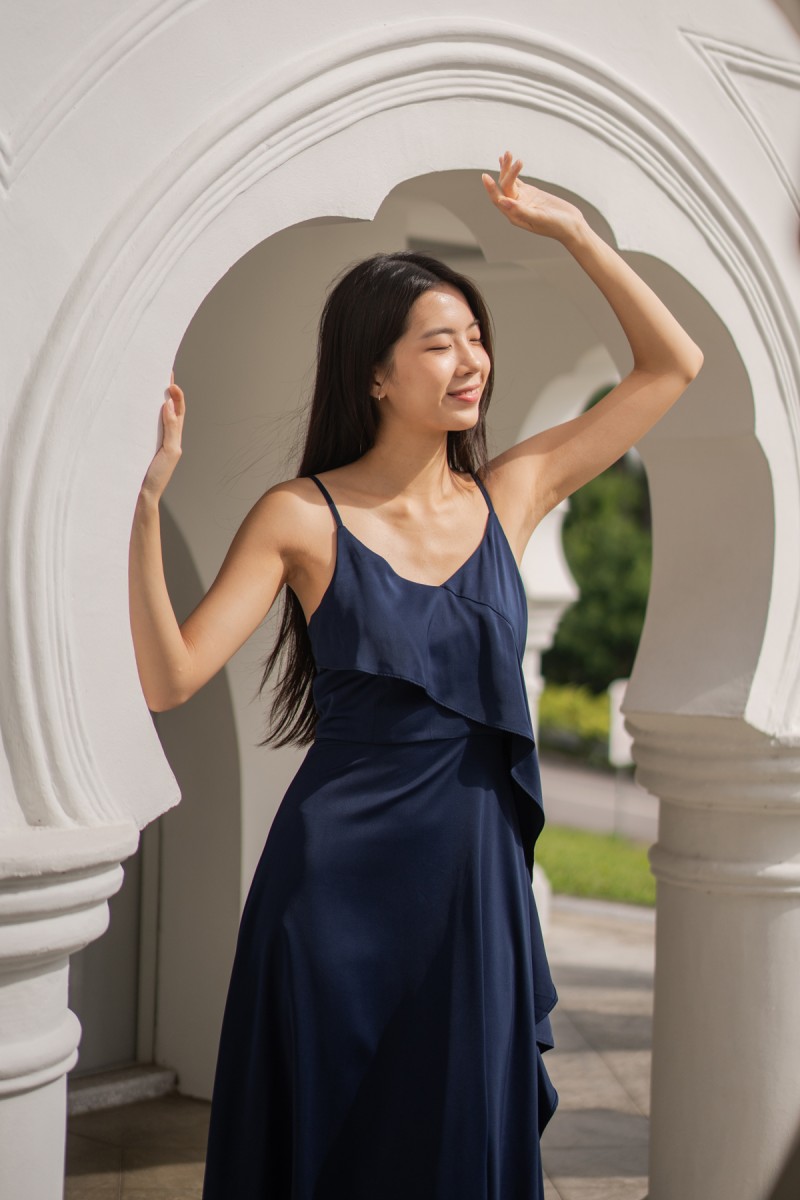 Harmoni Overlay Ruffle Dress in Navy
