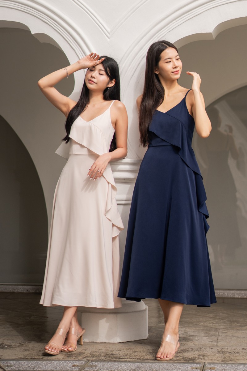 Harmoni Overlay Ruffle Dress in Cream