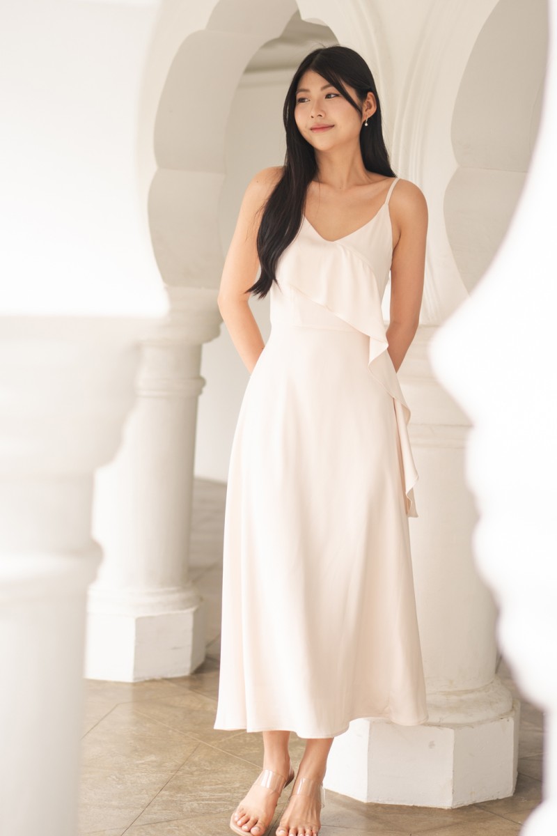Harmoni Overlay Ruffle Dress in Cream
