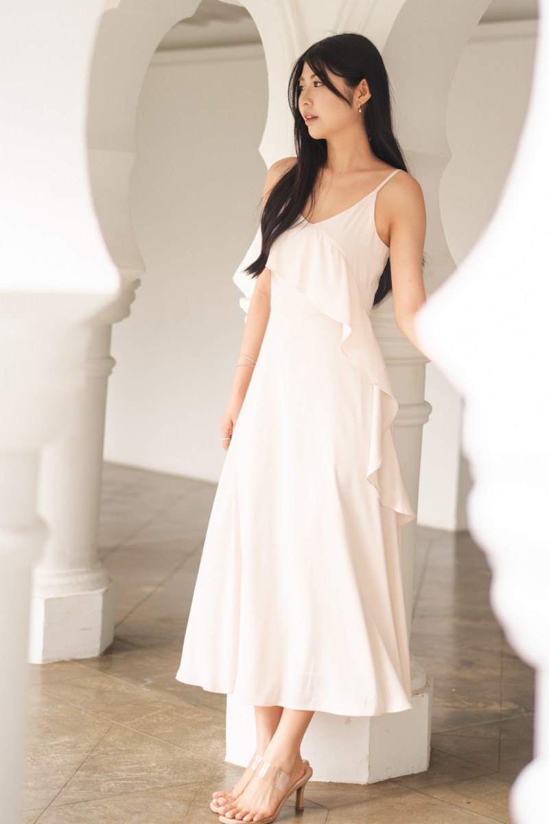 Harmoni Overlay Ruffle Dress in Cream