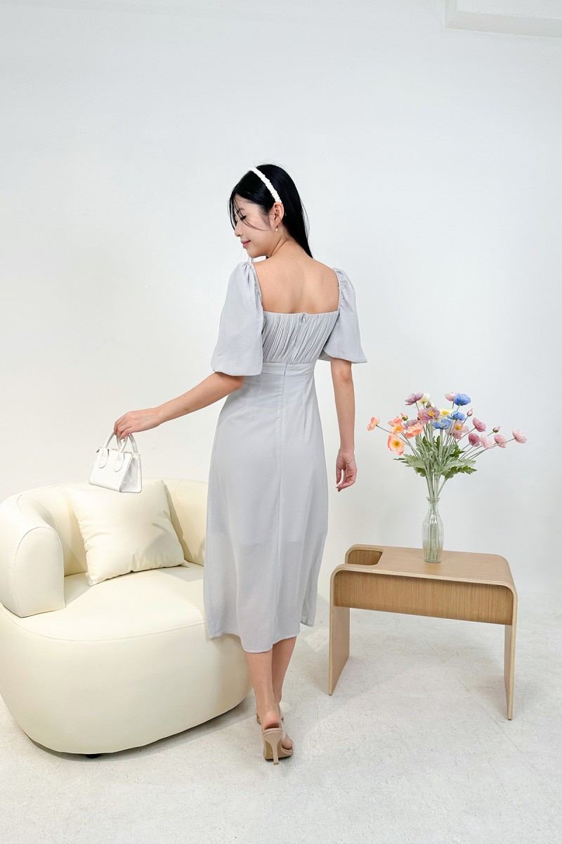Elvera Pleated Puff Dress in Grey