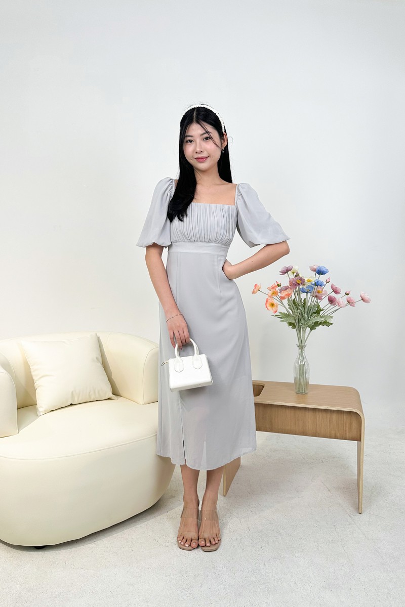Elvera Pleated Puff Dress in Grey