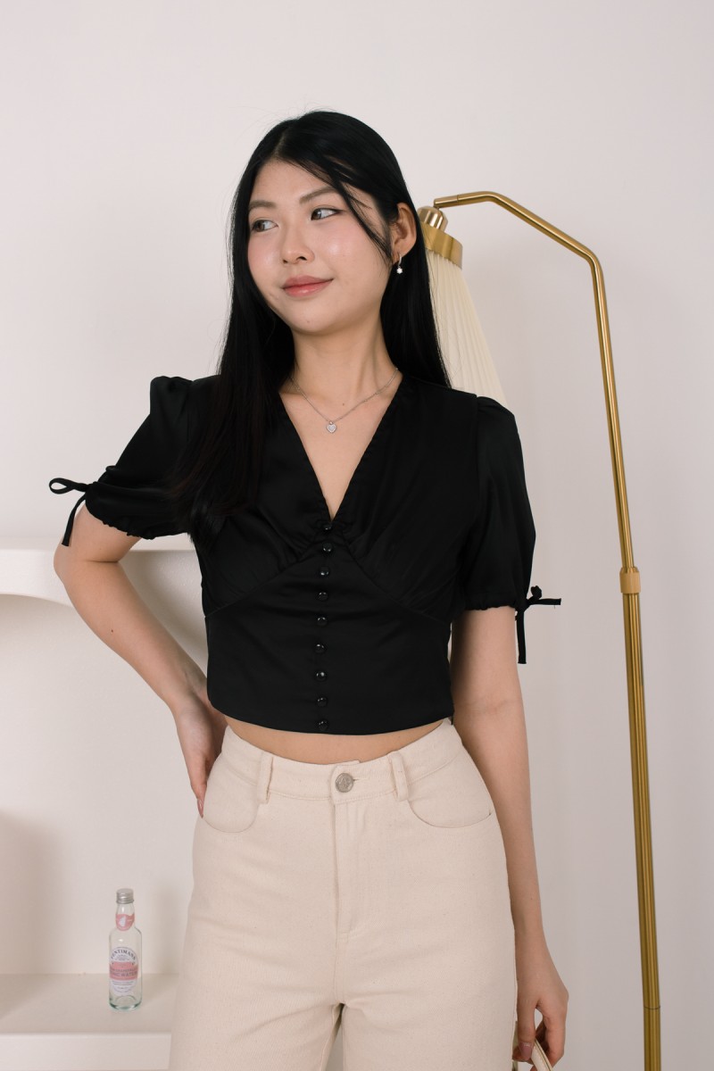 Serica Satin V-Neck Tie Ribbon Sleeve Top in Black