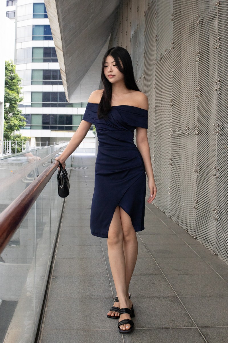 Khalia Off-Shoulder Overlap Dress in Navy