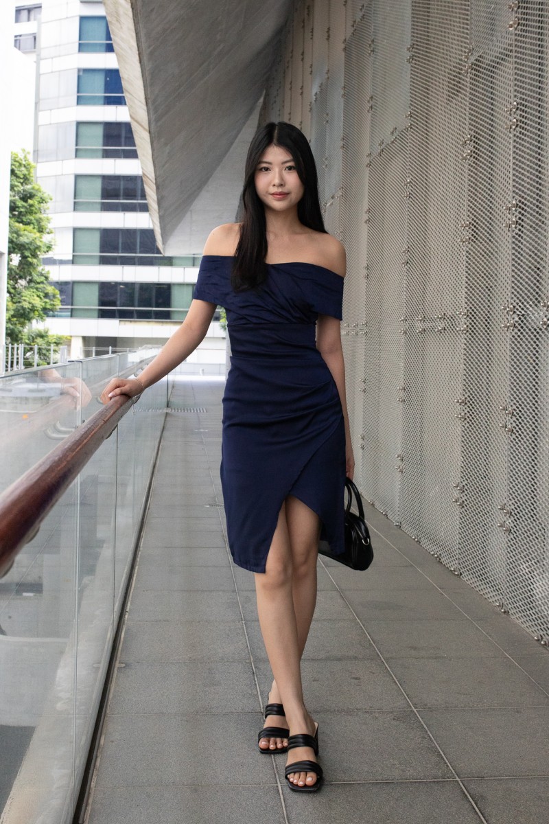 Khalia Off-Shoulder Overlap Dress in Navy