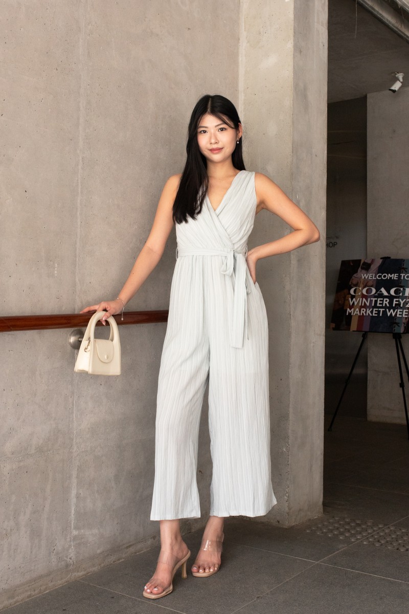 Delora Pleated Ribbon Jumpsuit in Mint