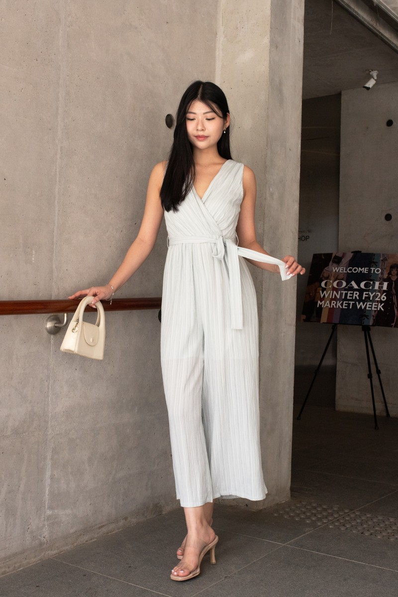 Delora Pleated Ribbon Jumpsuit in Mint