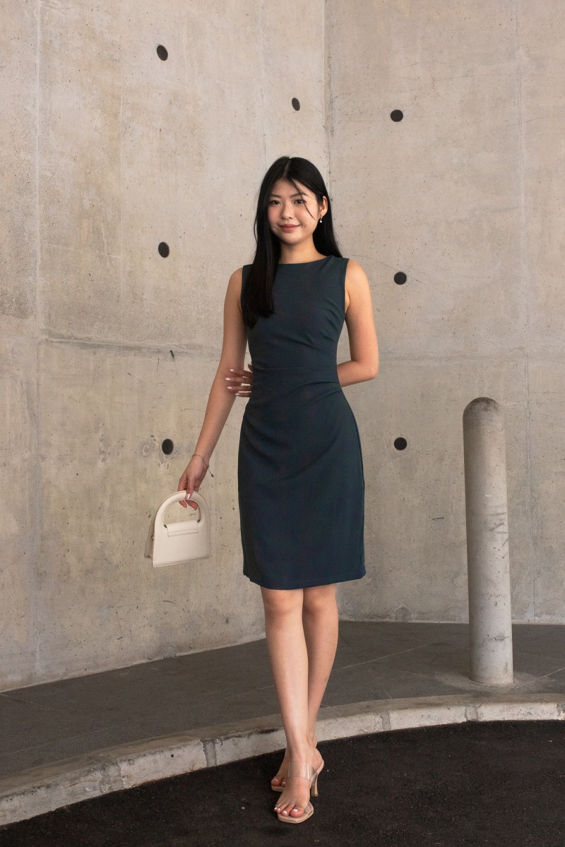 Zyra Sleeveless Side-Ruched Dress in Teal