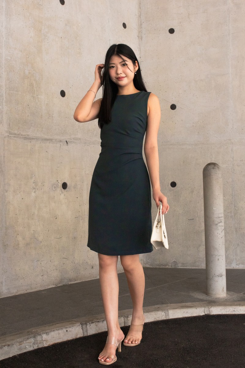 Zyra Sleeveless Side-Ruched Dress in Teal