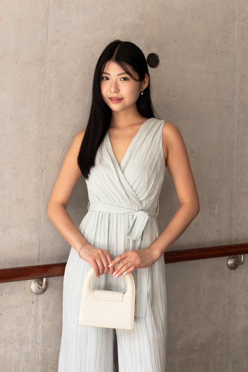 Delora Pleated Ribbon Jumpsuit in Mint