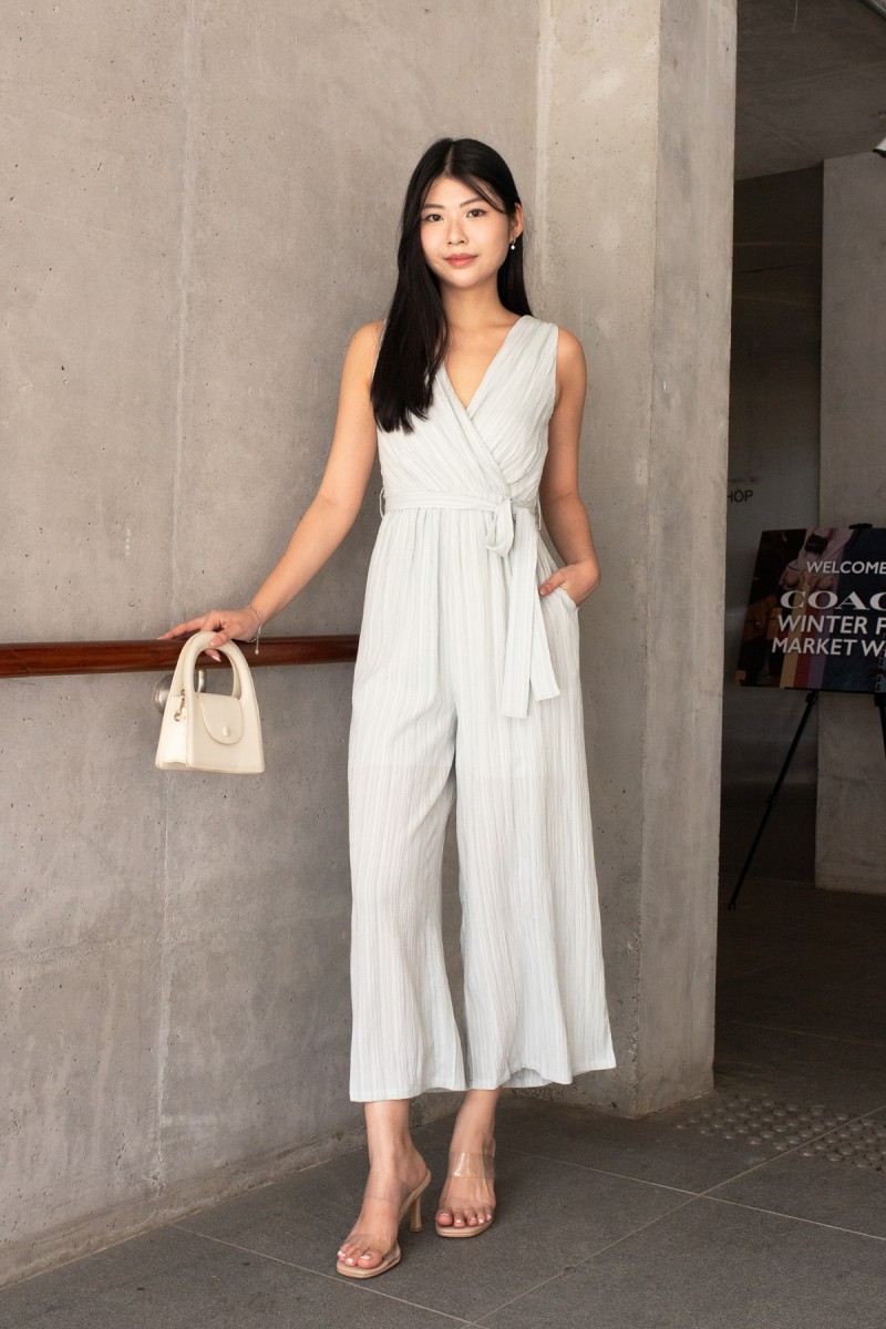 Delora Pleated Ribbon Jumpsuit in Mint