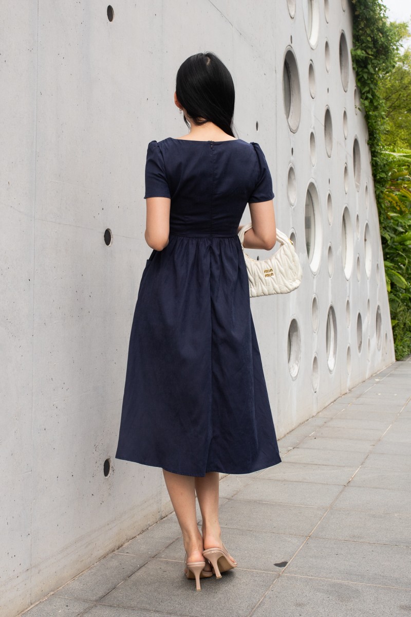 Lucera Sleeved Square Neck Dress in Navy