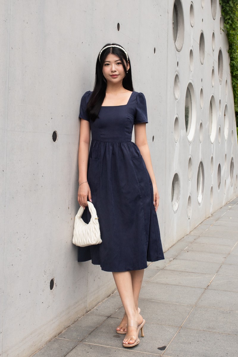 Lucera Sleeved Square Neck Dress in Navy