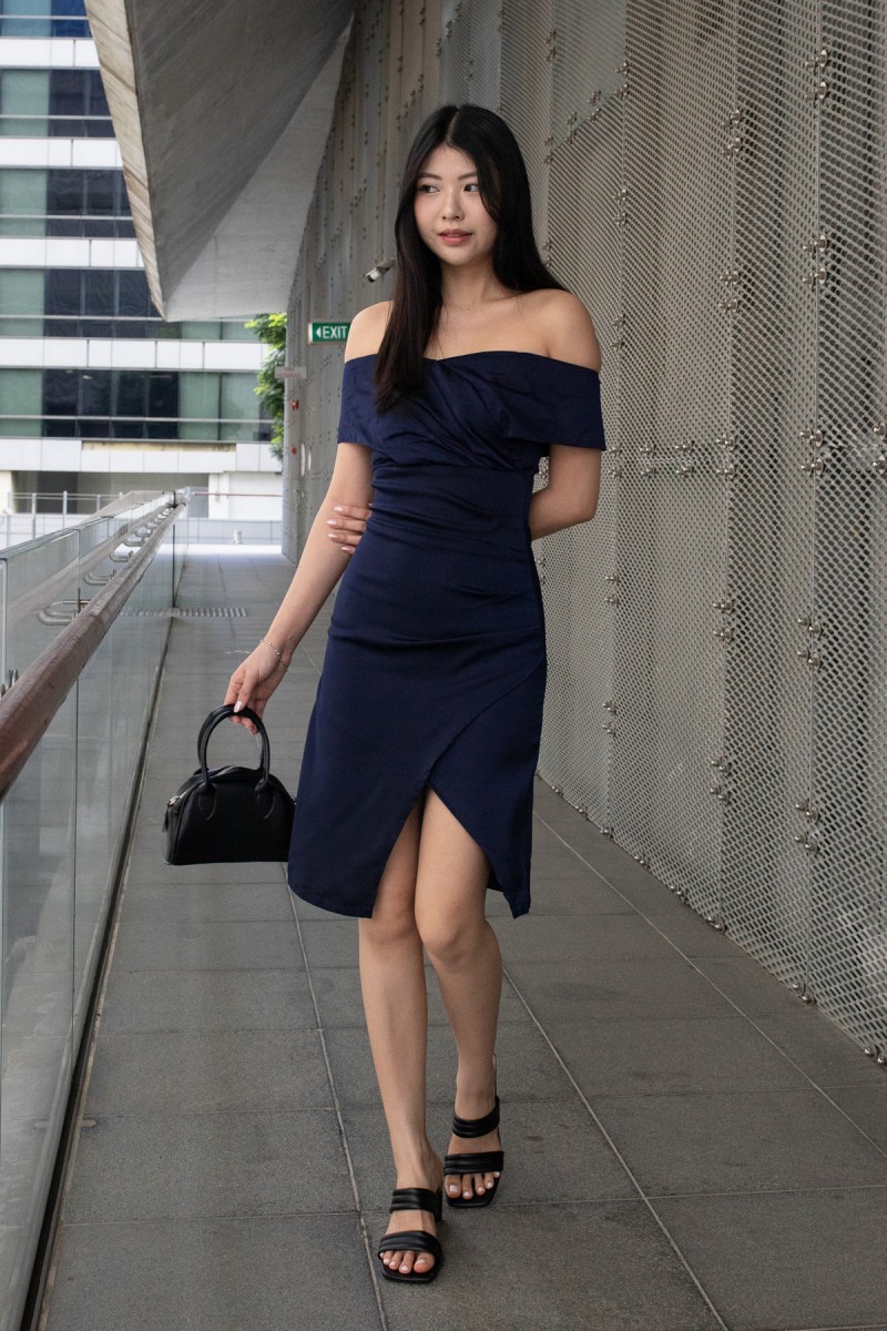 Khalia Off-Shoulder Overlap Dress in Navy