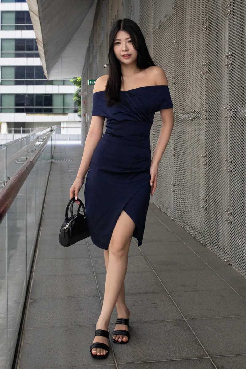 Khalia Off-Shoulder Overlap Dress in Navy