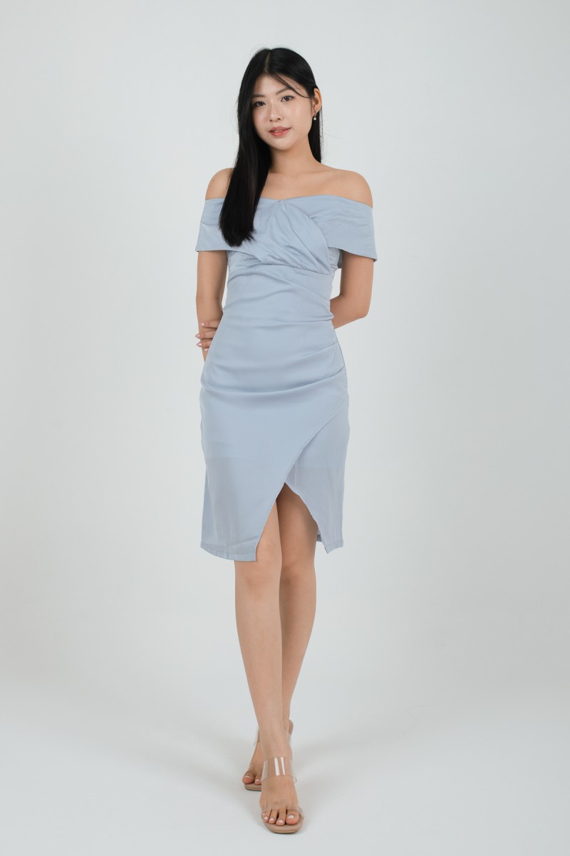 Khalia Off-Shoulder Overlap Dress in Blue