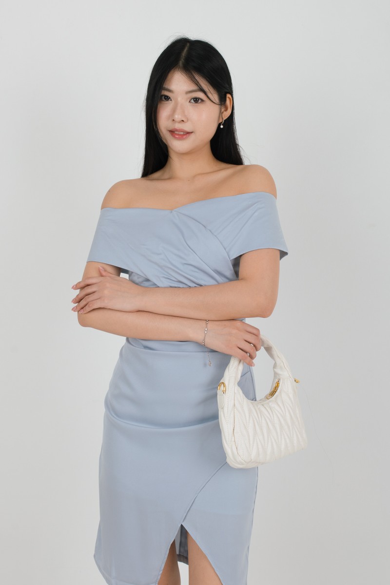 Khalia Off-Shoulder Overlap Dress in Blue