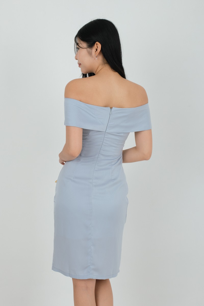 Khalia Off-Shoulder Overlap Dress in Blue