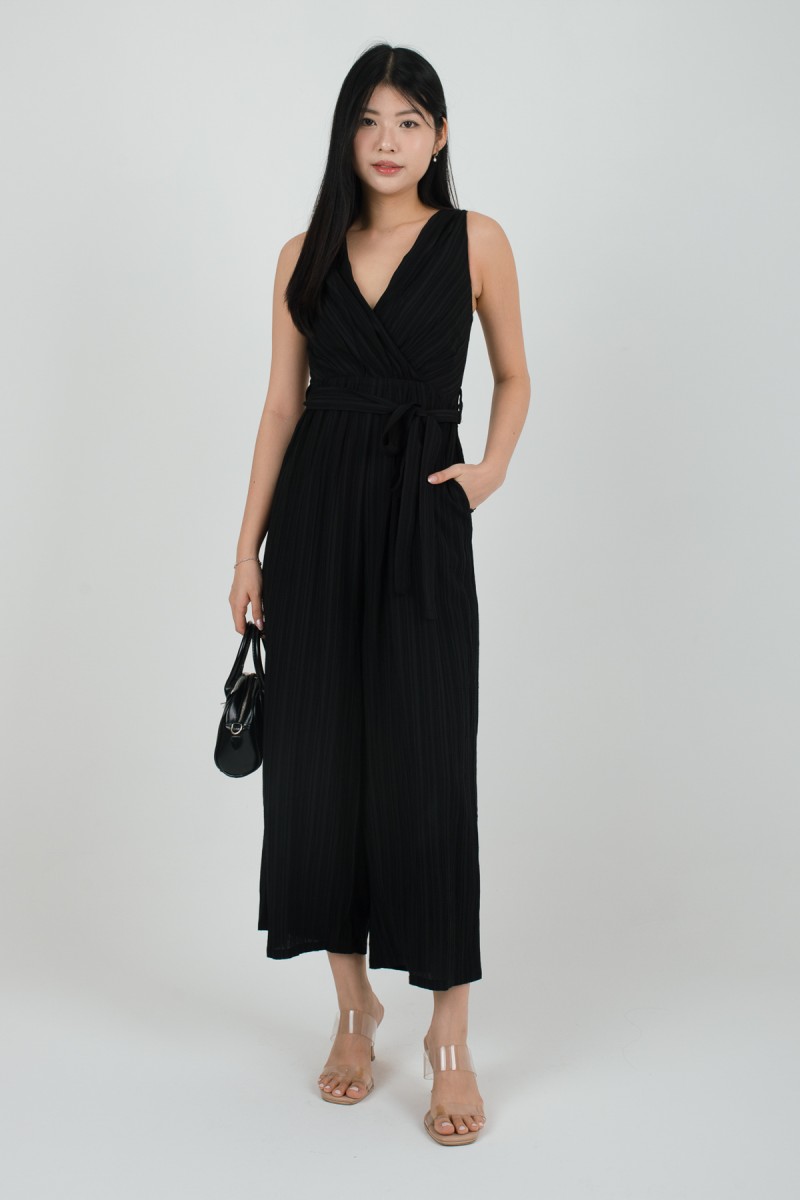 Delora Pleated Ribbon Jumpsuit in Black