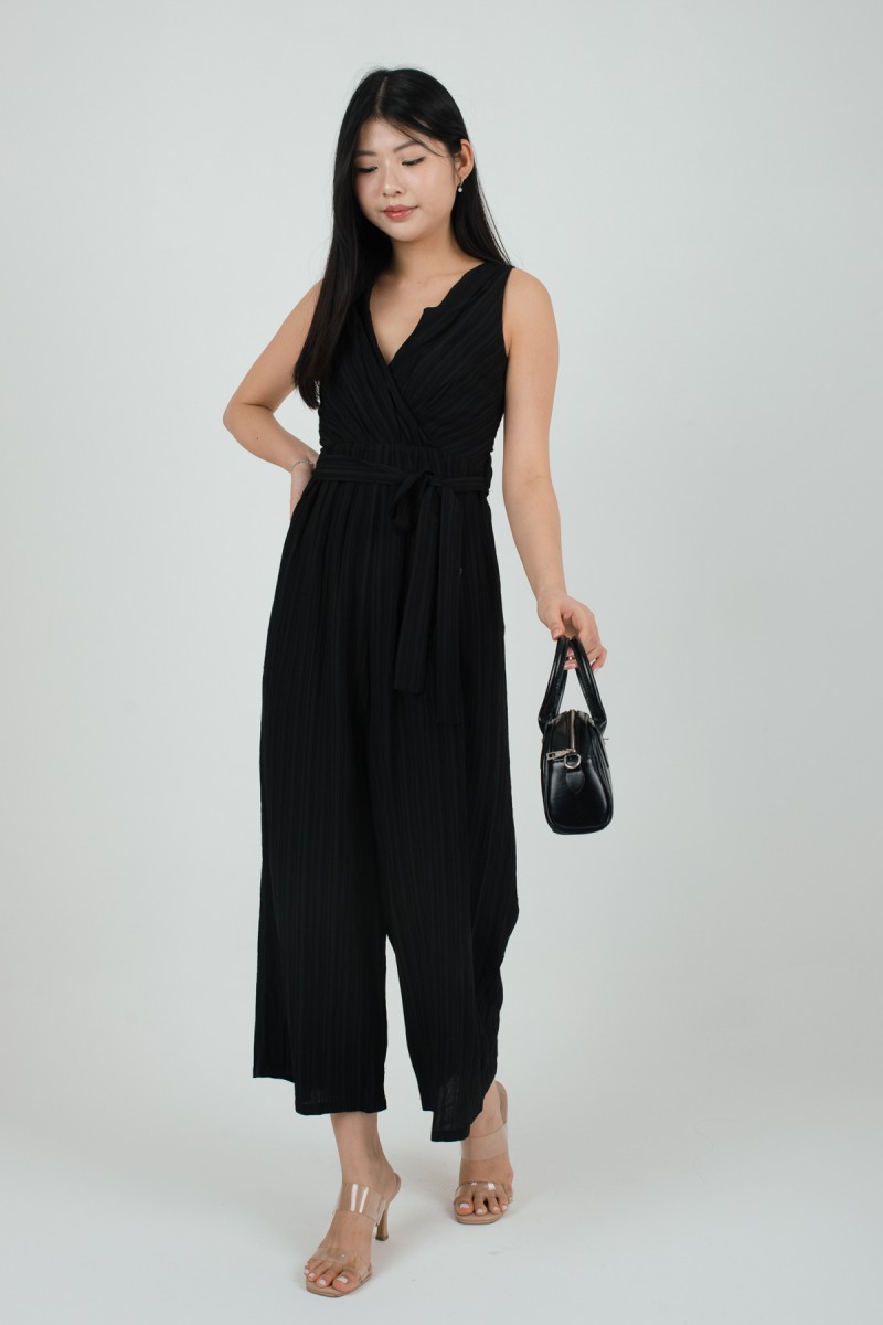 Delora Pleated Ribbon Jumpsuit in Black