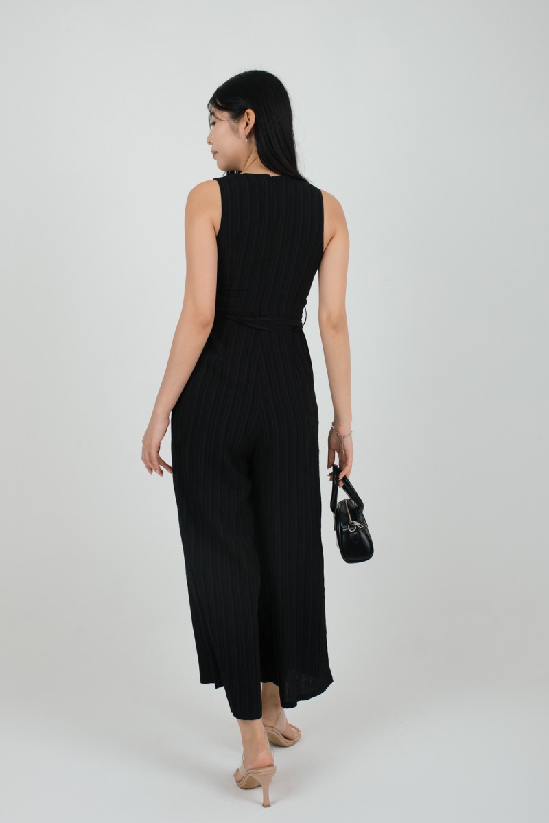 Delora Pleated Ribbon Jumpsuit in Black