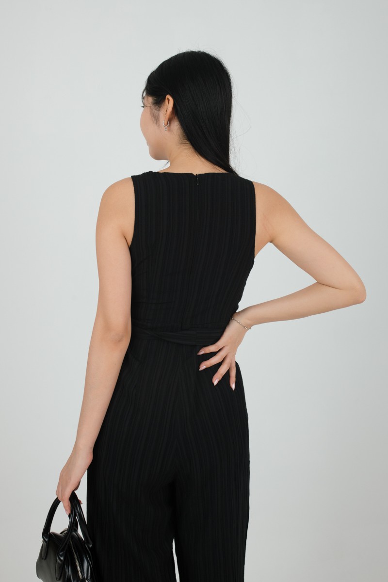 Delora Pleated Ribbon Jumpsuit in Black